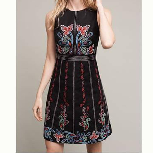 Maeve Women's Size 0 Chennai Dress ~ Black Embroidered Sheath Anthropologie Boho